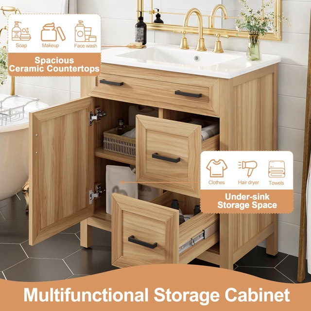 Alt view image 5 of 7 - 30 Inch Vanity with Solid Wood Frame, Soft Close Doors Soft Close Drawers Adjustable Shelf Storage Cabinet, Acacia