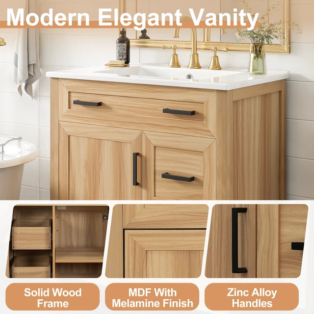 Alt view image 6 of 7 - 30 Inch Vanity with Solid Wood Frame, Soft Close Doors Soft Close Drawers Adjustable Shelf Storage Cabinet, Acacia