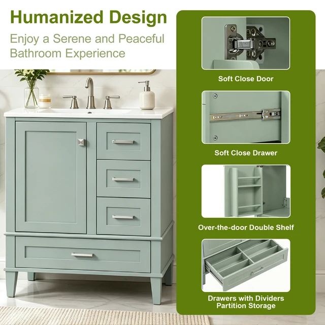Alt view image 5 of 7 - 30 Inch Vanity, Cabinet with Sink Combo Set Storage Cabinet with Soft Closing Door and Soft Closing Drawers Solid Wood