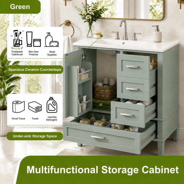 Alt view image 4 of 7 - 30 Inch Vanity, Cabinet with Sink Combo Set Storage Cabinet with Soft Closing Door and Soft Closing Drawers Solid Wood