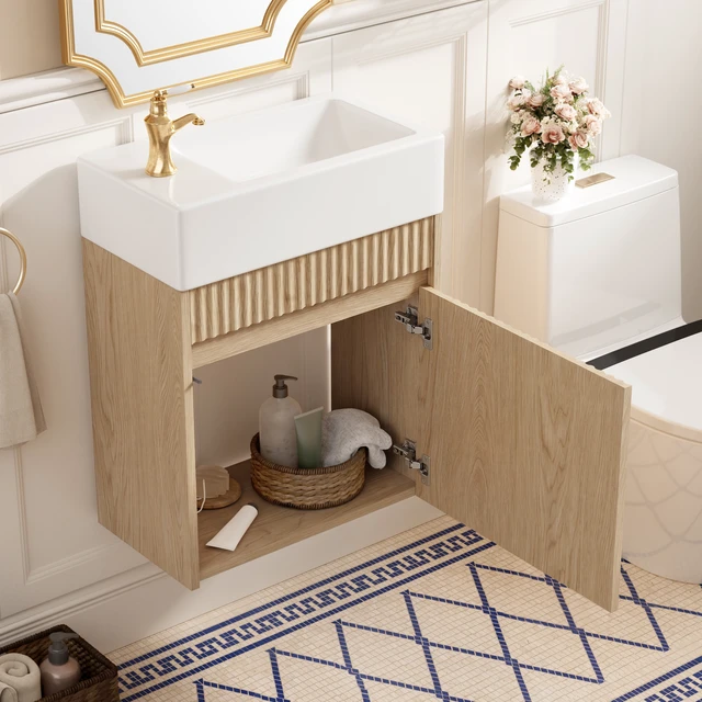 Alt view image 3 of 7 - Video 18.5 Inch Floating Vanity with Left Right Resin Sink and Door, MDF Cabinet Handleless Push To-Open Soft Close