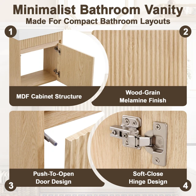 Alt view image 4 of 7 - Video 18.5 Inch Floating Vanity with Left Right Resin Sink and Door, MDF Cabinet Handleless Push To-Open Soft Close