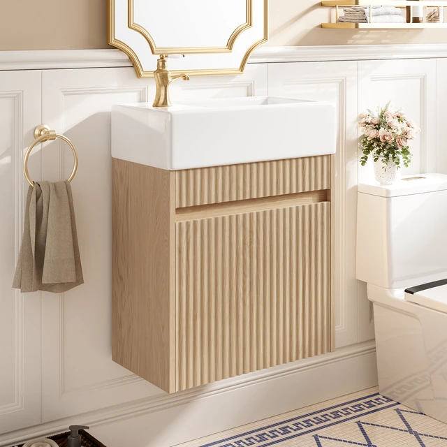 Alt view image 2 of 7 - Video 18.5 Inch Floating Vanity with Left Right Resin Sink and Door, MDF Cabinet Handleless Push To-Open Soft Close