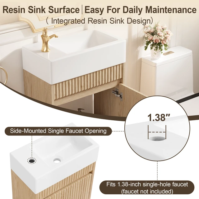 Alt view image 7 of 7 - Video 18.5 Inch Floating Vanity with Left Right Resin Sink and Door, MDF Cabinet Handleless Push To-Open Soft Close