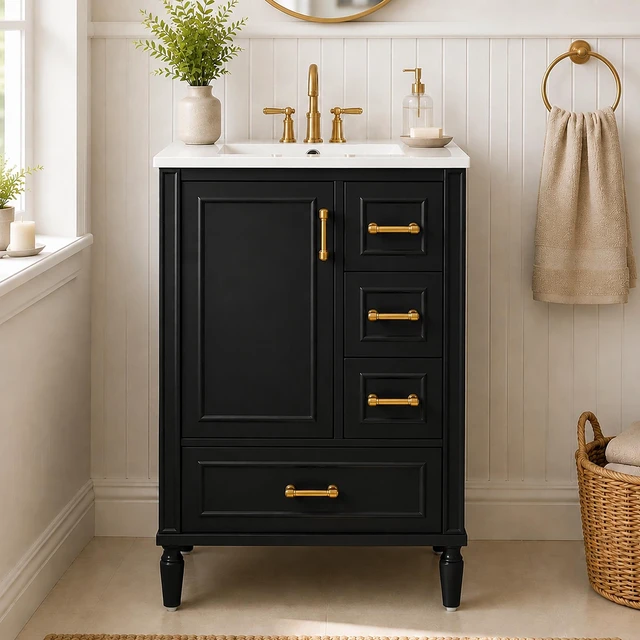 Main image of 24 Inch Vanity with Ceramic Sink, Soft Close Door 3 Drawers Handles and Door Mounted Rack for Space Saving Storage Old