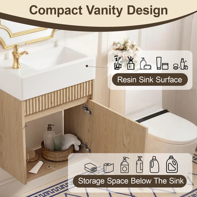 Alt view image 6 of 7 - Video 18.5 Inch Floating Vanity with Left Right Resin Sink and Door, MDF Cabinet Handleless Push To-Open Soft Close