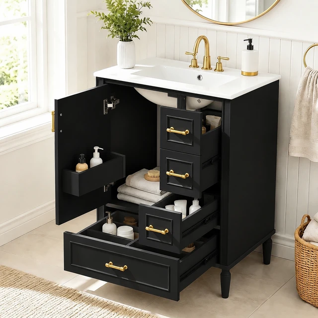 Alt view image 3 of 7 - 24 Inch Vanity with Ceramic Sink, Soft Close Door 3 Drawers Handles and Door Mounted Rack for Space Saving Storage Old