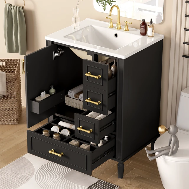 Alt view image 4 of 7 - 24 Inch Vanity with Ceramic Sink, Soft Close Door 3 Drawers Handles and Door Mounted Rack for Space Saving Storage Old