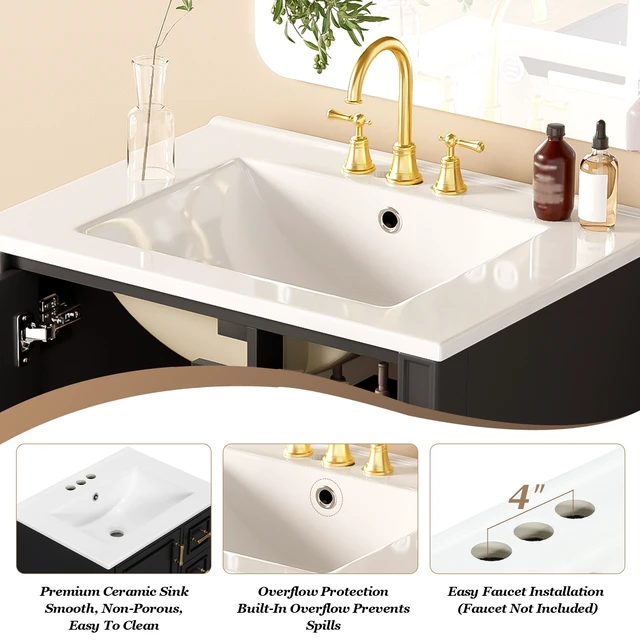 Alt view image 7 of 7 - 24 Inch Vanity with Ceramic Sink, Soft Close Door 3 Drawers Handles and Door Mounted Rack for Space Saving Storage Old