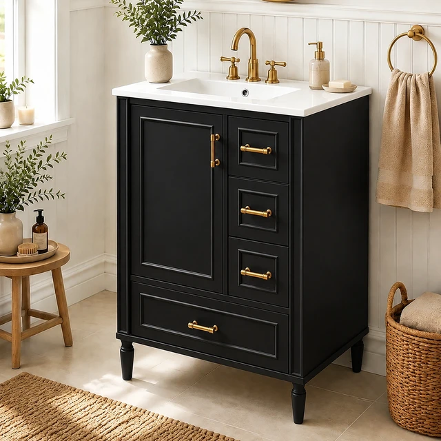 Alt view image 2 of 7 - 24 Inch Vanity with Ceramic Sink, Soft Close Door 3 Drawers Handles and Door Mounted Rack for Space Saving Storage Old