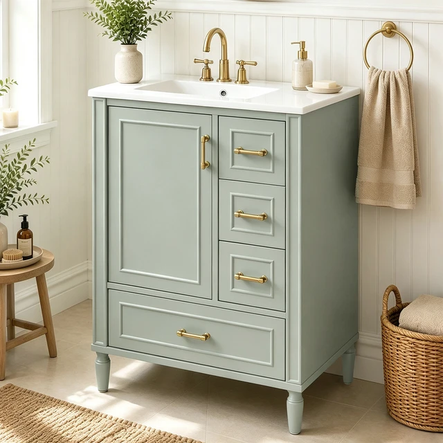 Alt view image 2 of 7 - 24 Inch Vanity with Ceramic Sink, Soft Close Door 3 Drawers Handles and Door Mounted Rack for Space Saving Storage