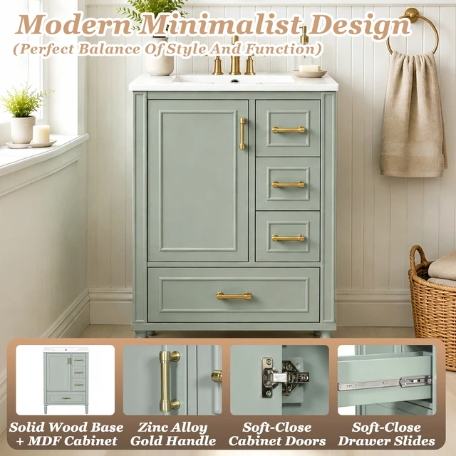 Alt view image 4 of 7 - 24 Inch Vanity with Ceramic Sink, Soft Close Door 3 Drawers Handles and Door Mounted Rack for Space Saving Storage