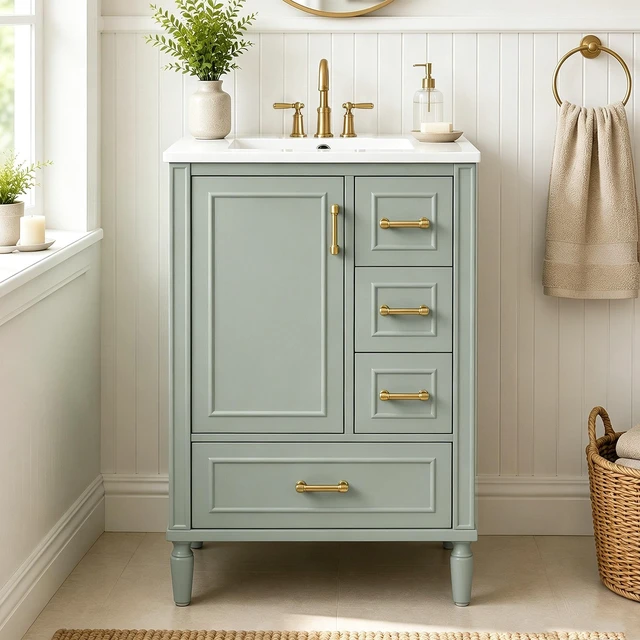 Main image of 24 Inch Vanity with Ceramic Sink, Soft Close Door 3 Drawers Handles and Door Mounted Rack for Space Saving Storage