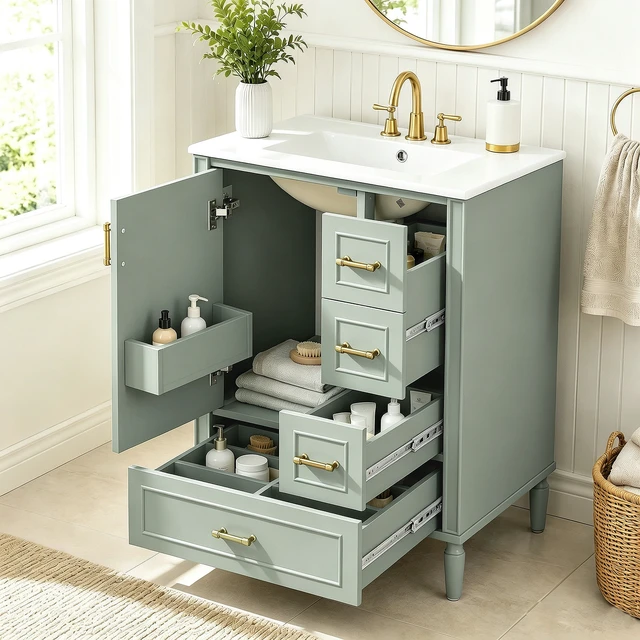 Alt view image 3 of 7 - 24 Inch Vanity with Ceramic Sink, Soft Close Door 3 Drawers Handles and Door Mounted Rack for Space Saving Storage