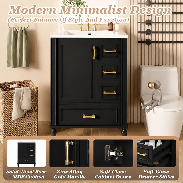 Alt view image 5 of 7 - 24 Inch Vanity with Ceramic Sink, Soft Close Door 3 Drawers Handles and Door Mounted Rack for Space Saving Storage Old
