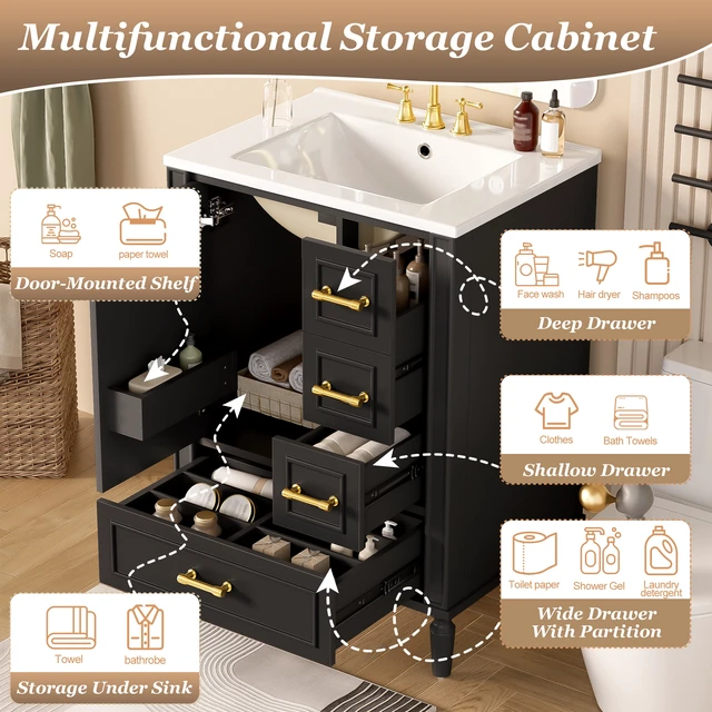 Alt view image 6 of 7 - 24 Inch Vanity with Ceramic Sink, Soft Close Door 3 Drawers Handles and Door Mounted Rack for Space Saving Storage Old