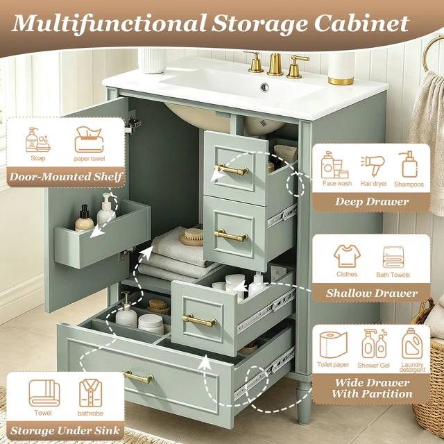 Alt view image 5 of 7 - 24 Inch Vanity with Ceramic Sink, Soft Close Door 3 Drawers Handles and Door Mounted Rack for Space Saving Storage