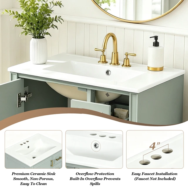 Alt view image 6 of 7 - 24 Inch Vanity with Ceramic Sink, Soft Close Door 3 Drawers Handles and Door Mounted Rack for Space Saving Storage