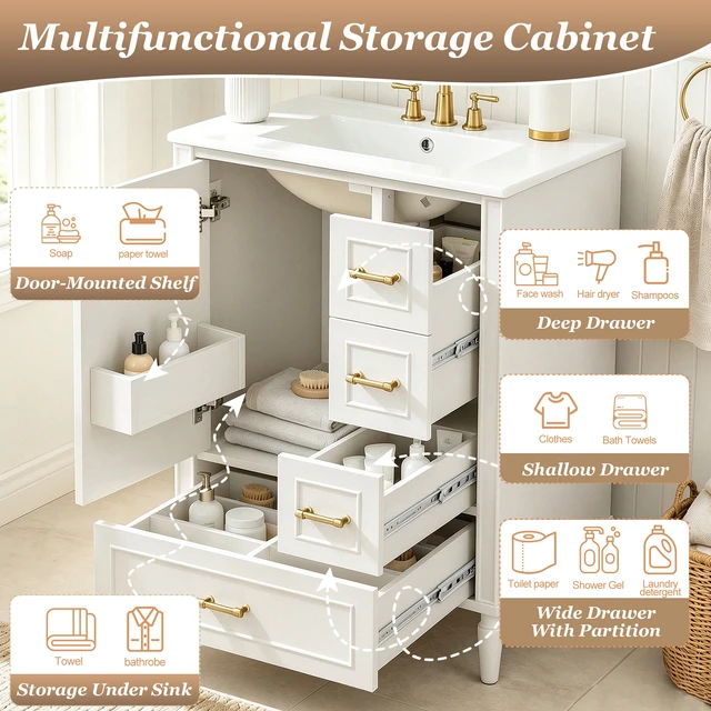 Alt view image 5 of 7 - 24 Inch Vanity with Ceramic Sink, Soft Close Door 3 Drawers Handles and Door Mounted Rack for Space Saving Storage