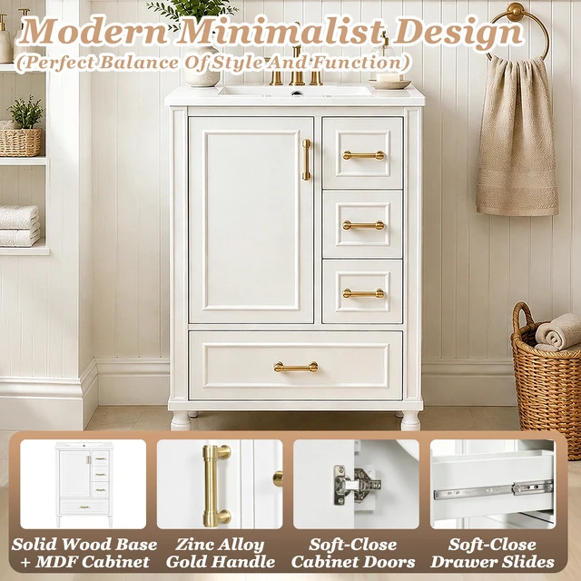 Alt view image 4 of 7 - 24 Inch Vanity with Ceramic Sink, Soft Close Door 3 Drawers Handles and Door Mounted Rack for Space Saving Storage