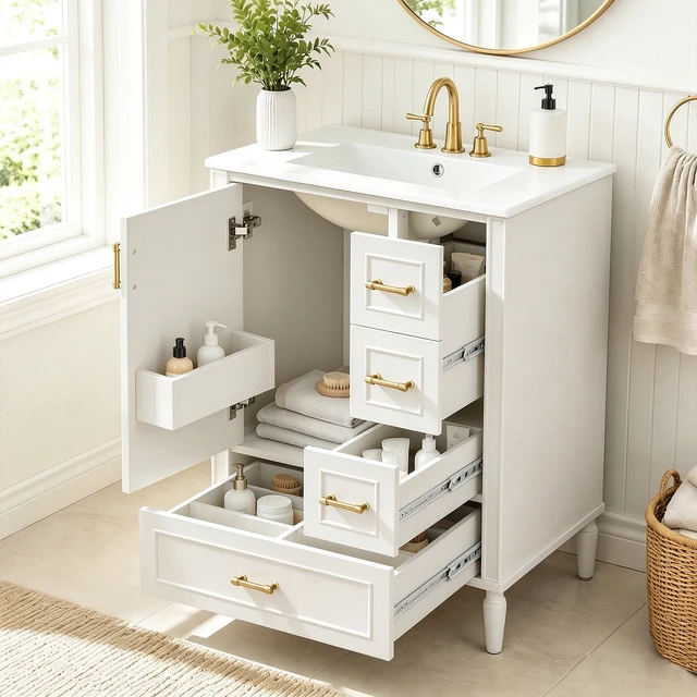 Alt view image 3 of 7 - 24 Inch Vanity with Ceramic Sink, Soft Close Door 3 Drawers Handles and Door Mounted Rack for Space Saving Storage