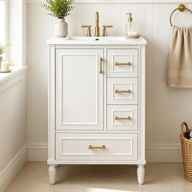 Main image of 24 Inch Vanity with Ceramic Sink, Soft Close Door 3 Drawers Handles and Door Mounted Rack for Space Saving Storage