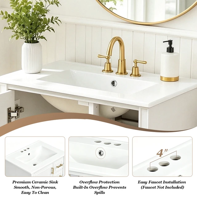 Alt view image 6 of 7 - 24 Inch Vanity with Ceramic Sink, Soft Close Door 3 Drawers Handles and Door Mounted Rack for Space Saving Storage