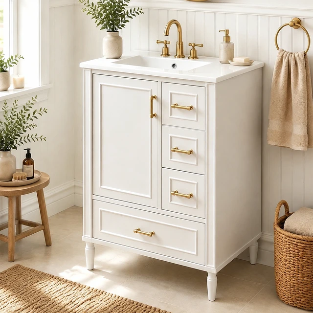 Alt view image 2 of 7 - 24 Inch Vanity with Ceramic Sink, Soft Close Door 3 Drawers Handles and Door Mounted Rack for Space Saving Storage
