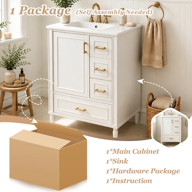 Alt view image 7 of 7 - 24 Inch Vanity with Ceramic Sink, Soft Close Door 3 Drawers Handles and Door Mounted Rack for Space Saving Storage