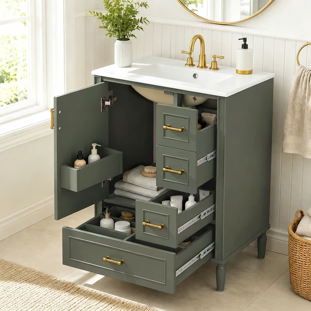 Alt view image 3 of 7 - 24 Inch Vanity with Ceramic Sink, Soft Close Door 3 Drawers Handles and Door Mounted Rack for Space Saving Storage Old