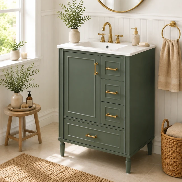 Alt view image 2 of 7 - 24 Inch Vanity with Ceramic Sink, Soft Close Door 3 Drawers Handles and Door Mounted Rack for Space Saving Storage Old