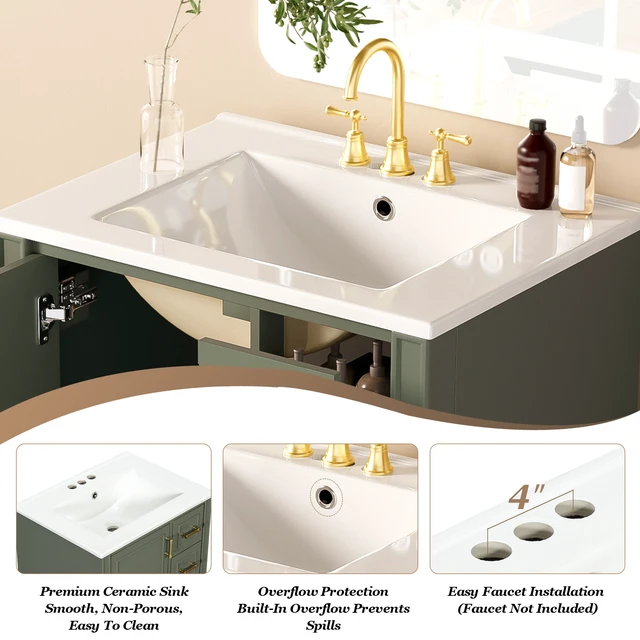Alt view image 6 of 7 - 24 Inch Vanity with Ceramic Sink, Soft Close Door 3 Drawers Handles and Door Mounted Rack for Space Saving Storage Old