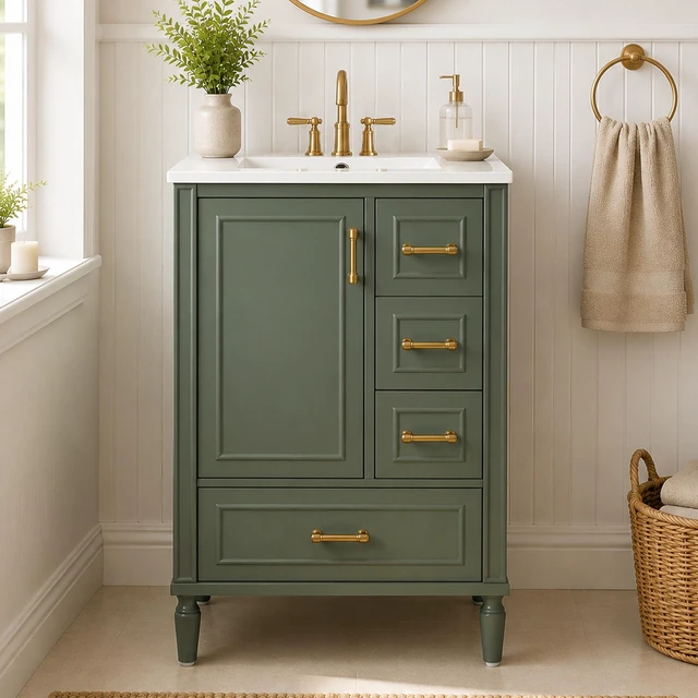 Main image of 24 Inch Vanity with Ceramic Sink, Soft Close Door 3 Drawers Handles and Door Mounted Rack for Space Saving Storage Old