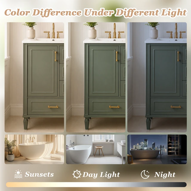 Alt view image 7 of 7 - 24 Inch Vanity with Ceramic Sink, Soft Close Door 3 Drawers Handles and Door Mounted Rack for Space Saving Storage Old