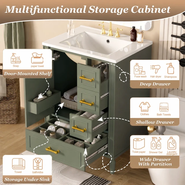 Alt view image 5 of 7 - 24 Inch Vanity with Ceramic Sink, Soft Close Door 3 Drawers Handles and Door Mounted Rack for Space Saving Storage Old