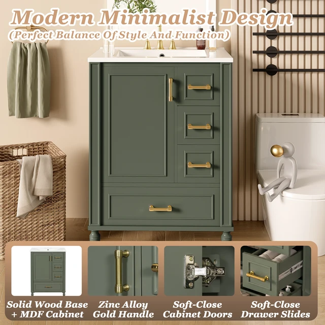 Alt view image 4 of 7 - 24 Inch Vanity with Ceramic Sink, Soft Close Door 3 Drawers Handles and Door Mounted Rack for Space Saving Storage Old