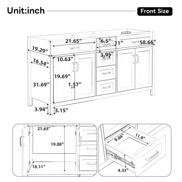 Alt view image 3 of 7 - 58.7 Inch Vanity Without Sink, Cabinet Only Silver Metal Handles Soft Close Doors and Drawers Middle Drawers and Double