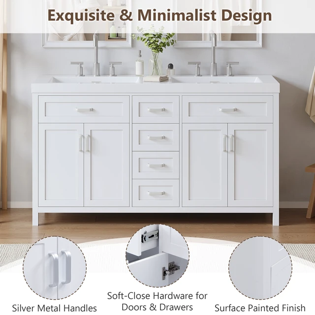 Alt view image 6 of 7 - 58.7 Inch Vanity Without Sink, Cabinet Only Silver Metal Handles Soft Close Doors and Drawers Middle Drawers and Double