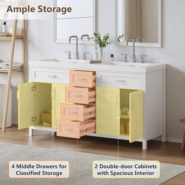 Alt view image 5 of 7 - 58.7 Inch Vanity Without Sink, Cabinet Only Silver Metal Handles Soft Close Doors and Drawers Middle Drawers and Double