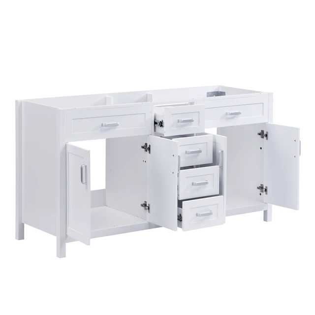 Alt view image 2 of 7 - 58.7 Inch Vanity Without Sink, Cabinet Only Silver Metal Handles Soft Close Doors and Drawers Middle Drawers and Double