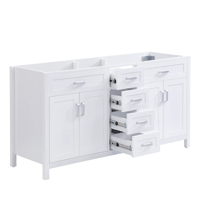 Alt view image 7 of 7 - 58.7 Inch Vanity Without Sink, Cabinet Only Silver Metal Handles Soft Close Doors and Drawers Middle Drawers and Double