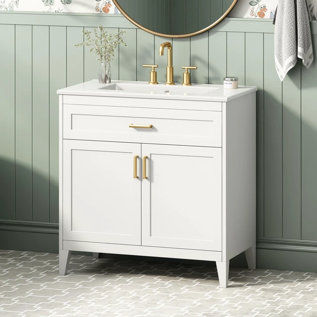 Main image of Video 30 Inch Vanity with Ceramic Sink Top, Solid Wood Legs Soft Close Double Doors and Tip Out Drawer Adjustable