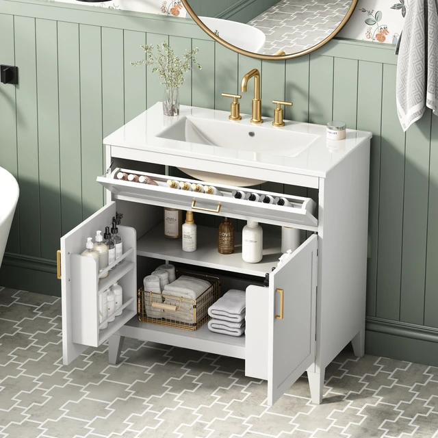 Alt view image 2 of 7 - Video 30 Inch Vanity with Ceramic Sink Top, Solid Wood Legs Soft Close Double Doors and Tip Out Drawer Adjustable