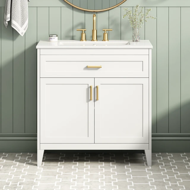 Alt view image 3 of 7 - Video 30 Inch Vanity with Ceramic Sink Top, Solid Wood Legs Soft Close Double Doors and Tip Out Drawer Adjustable