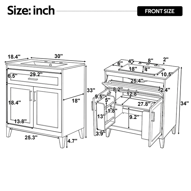 Alt view image 4 of 7 - Video 30 Inch Vanity with Ceramic Sink Top, Solid Wood Legs Soft Close Double Doors and Tip Out Drawer Adjustable