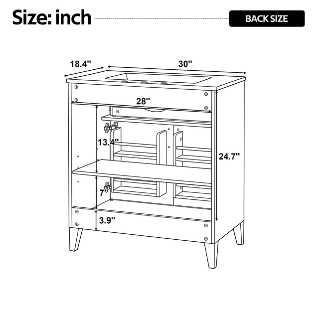 Alt view image 5 of 7 - Video 30 Inch Vanity with Ceramic Sink Top, Solid Wood Legs Soft Close Double Doors and Tip Out Drawer Adjustable