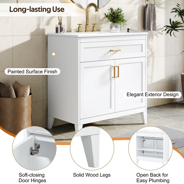 Alt view image 7 of 7 - Video 30 Inch Vanity with Ceramic Sink Top, Solid Wood Legs Soft Close Double Doors and Tip Out Drawer Adjustable