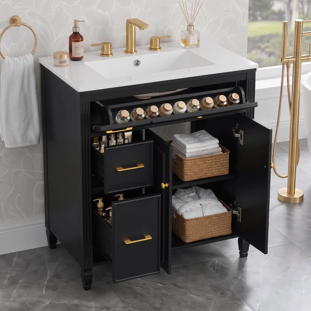Main image of Video 30 Inch Freestanding Vanity with Ceramic Sink, Solid Wood Legs Handles Soft Close Door Tip Out Drawer Design