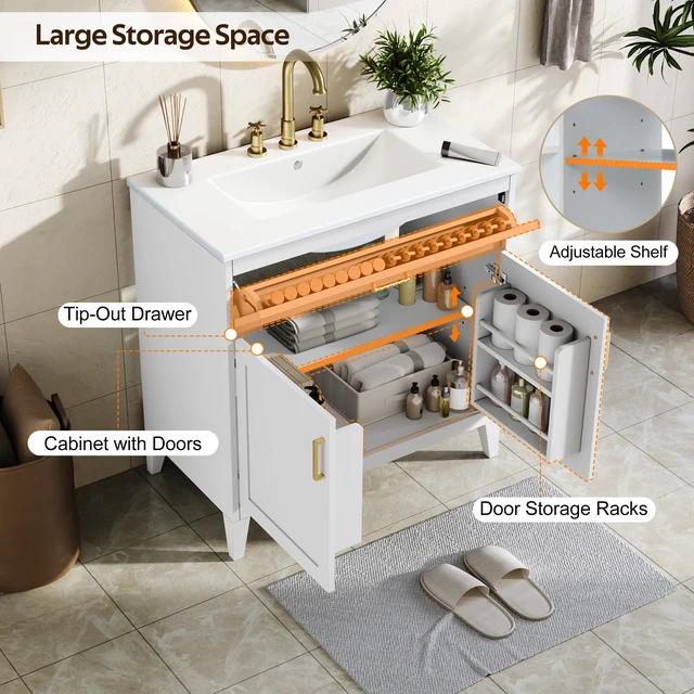Alt view image 6 of 7 - Video 30 Inch Vanity with Ceramic Sink Top, Solid Wood Legs Soft Close Double Doors and Tip Out Drawer Adjustable
