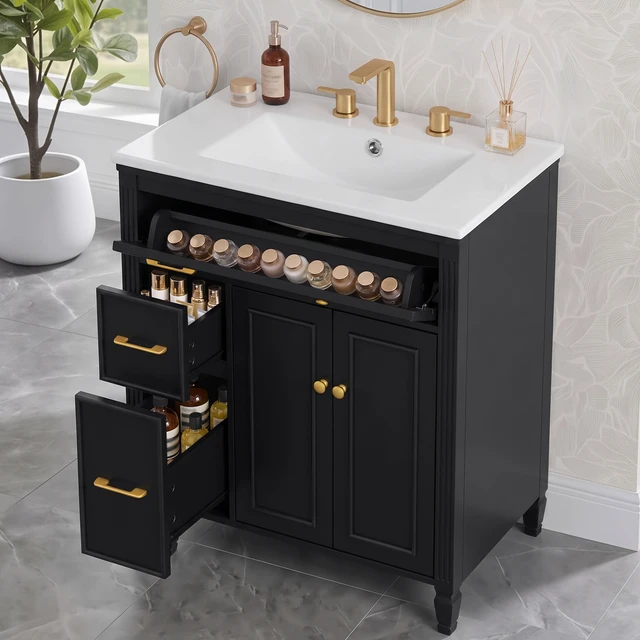 Alt view image 2 of 7 - Video 30 Inch Freestanding Vanity with Ceramic Sink, Solid Wood Legs Handles Soft Close Door Tip Out Drawer Design